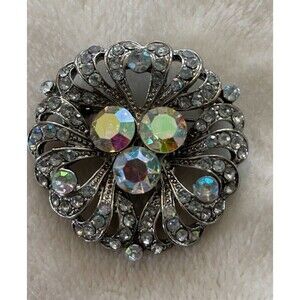 Vintage Aurora Borealis Rhinestone Brooch Silver Tone Mid Century Style